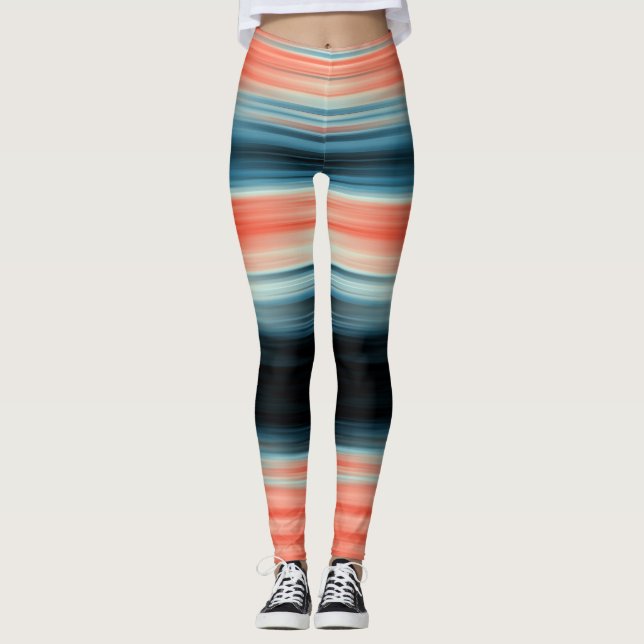 Trendy Orange Red Blue Stripes Leggings (Front)