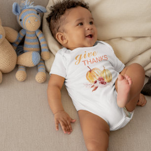 Trendy Orange & Red Give Thanks & Pumpkin  Baby Bodysuit