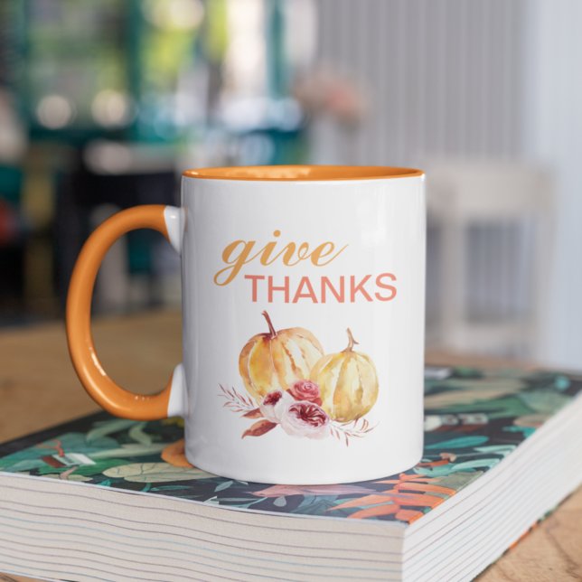 Trendy Orange & Red Give Thanks & Pumpkin  Two-Tone Coffee Mug (Creator Uploaded)