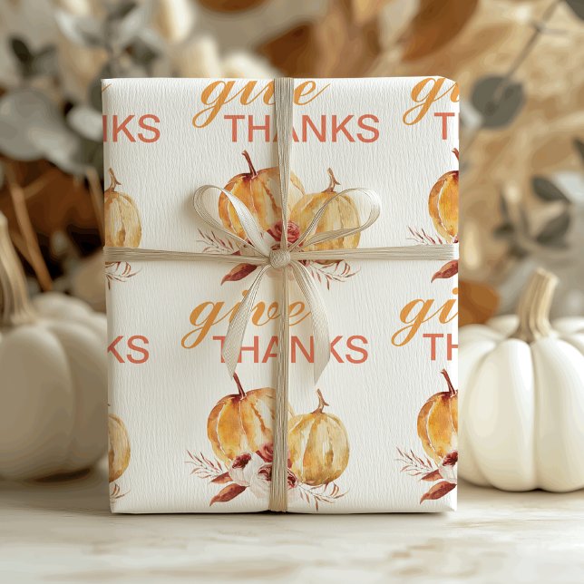Trendy Orange & Red Give Thanks & Pumpkin  Wrapping Paper Sheet (Creator Uploaded)