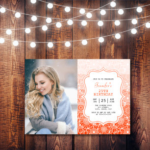 Trendy Orange Stripes Floral Frame Photo Birthday  Invitation