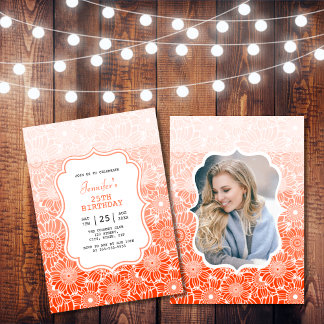 Trendy Orange Stripes Floral Photo Birthday Invitation