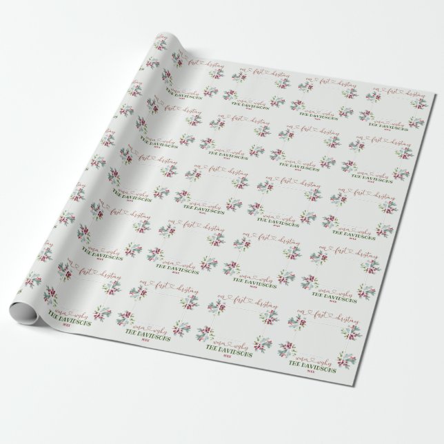 Trendy Our First Christmas Script Family Photo Wrapping Paper (Unrolled)
