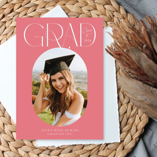 Trendy Oval One Photo Pink Graduation Announcement (Creator Uploaded)