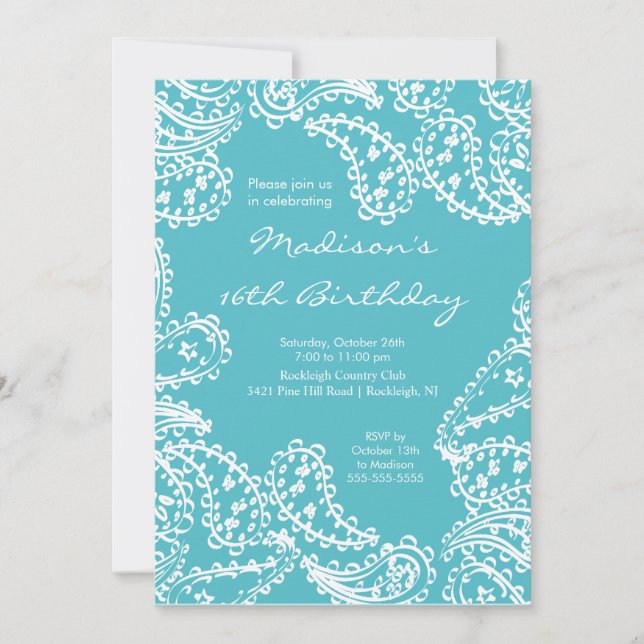 Trendy Paisley Sweet Sixteen Birthday Invitation (Front)
