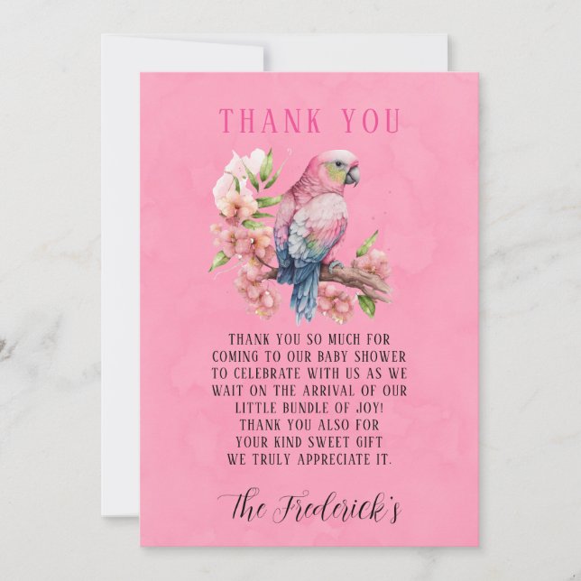 Trendy Parrot Bird Girl Baby Shower Thank You Invitation (Front)