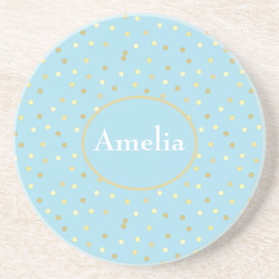 Trendy Pastel Blue Gold Confetti Dots Coaster