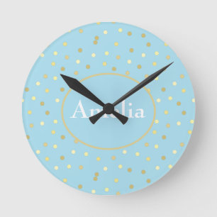 Trendy Pastel Blue Gold Confetti Dots  Round Clock
