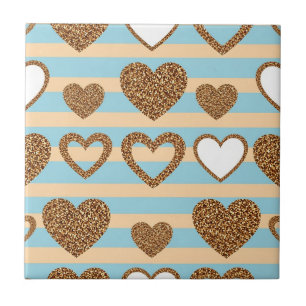 Trendy Pastel Heart Stripe with Gold Details Tile