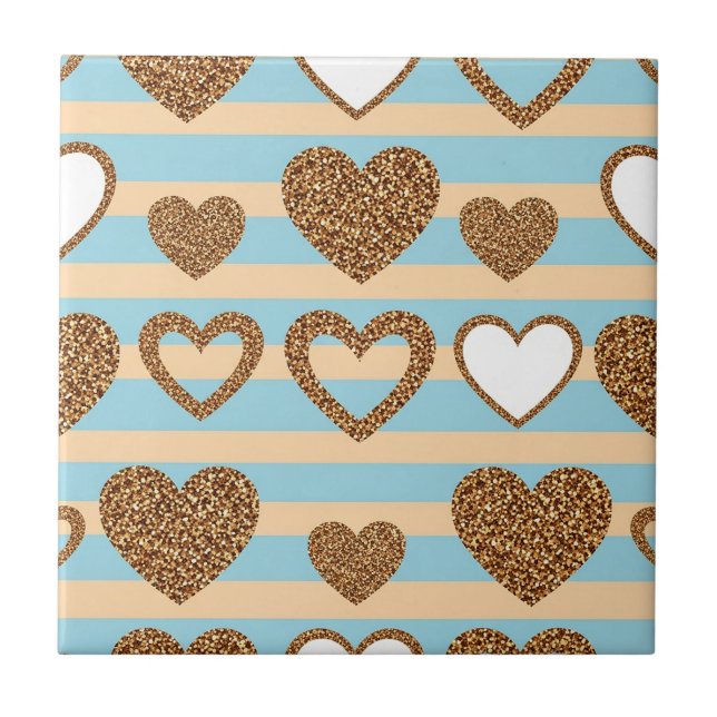 Trendy Pastel Heart Stripe with Gold Details Tile (Front)