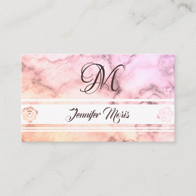 Trendy Pastel Marble Pink Beige with Monogram Business Card (Front)