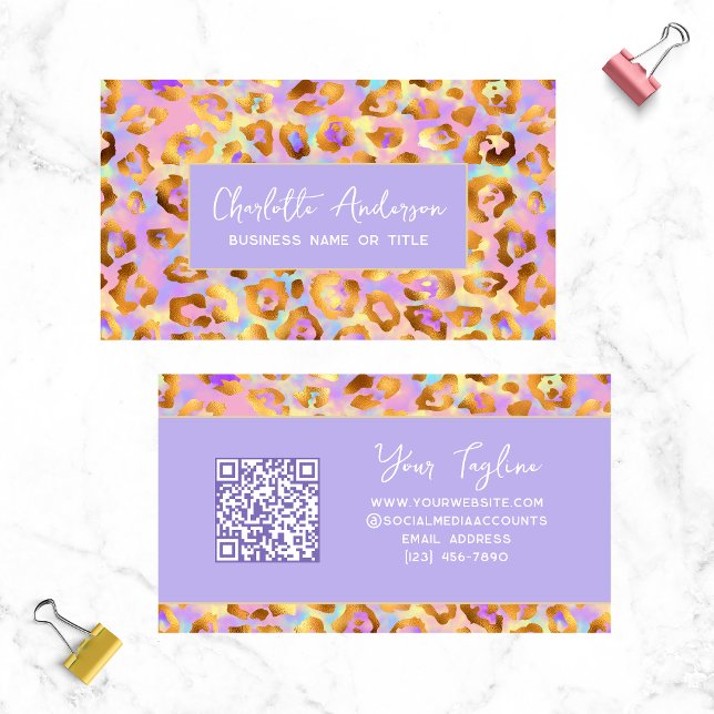 Trendy Pastel Modern Gold Leopard Print QR Code Business Card (Creator Uploaded)