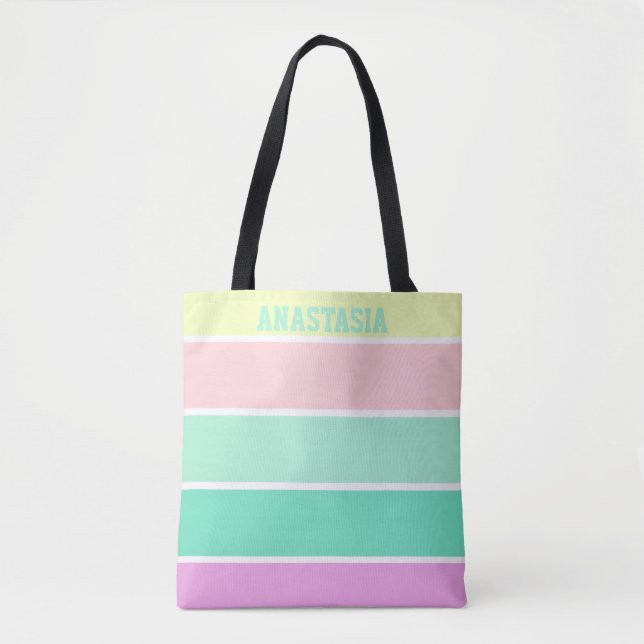 Trendy Pastel Stripes Personalized Tote Bag (Front)