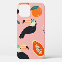 Trendy pattern with toucan and abstract tropical f