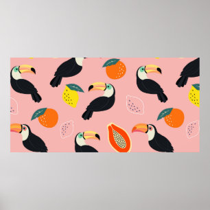 Trendy pattern with toucan and abstract tropical f poster
