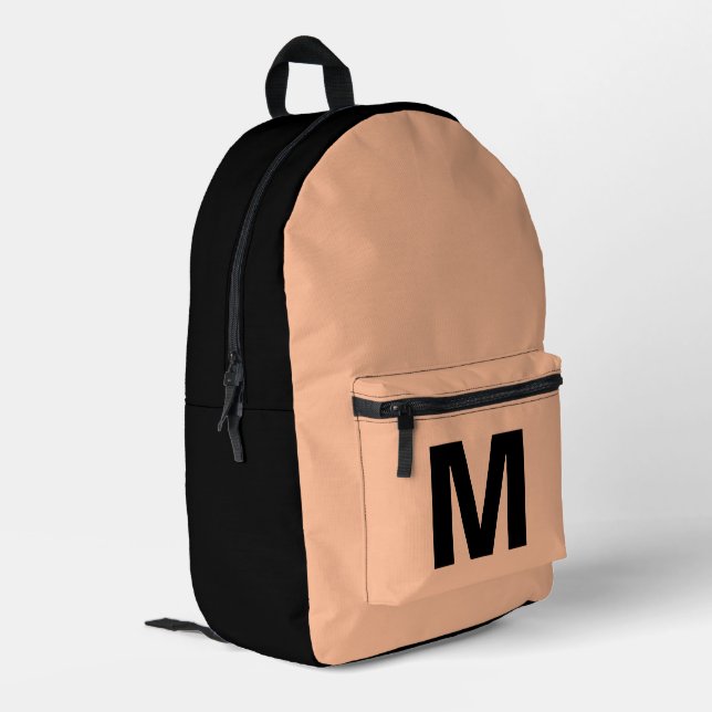 Trendy peach and black with Monogram name Printed Backpack (Back Corner Left)
