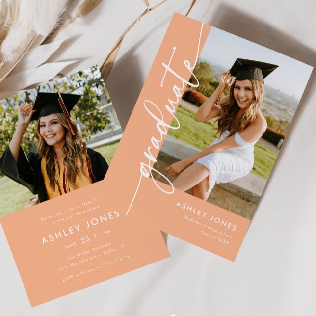 Trendy Peach Graduate Photo Graduation Invitation (Creator Uploaded)