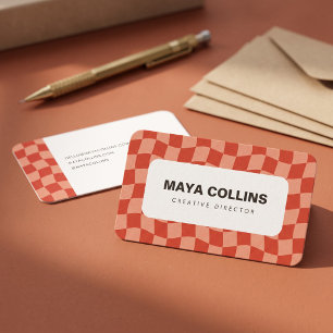 Trendy Peach Red Wavy Chequered Business Card