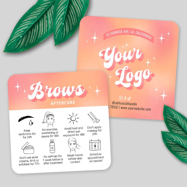 Trendy Peach Retro Groovy Brows After Care Cards (Eyebrows aftercare instructions cards in trendy groovy style with your logo and custom text)