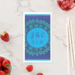 TRENDY PEACOCK PATTERNED CUSTOM TEXT IN GREEN BLUE NAPKIN