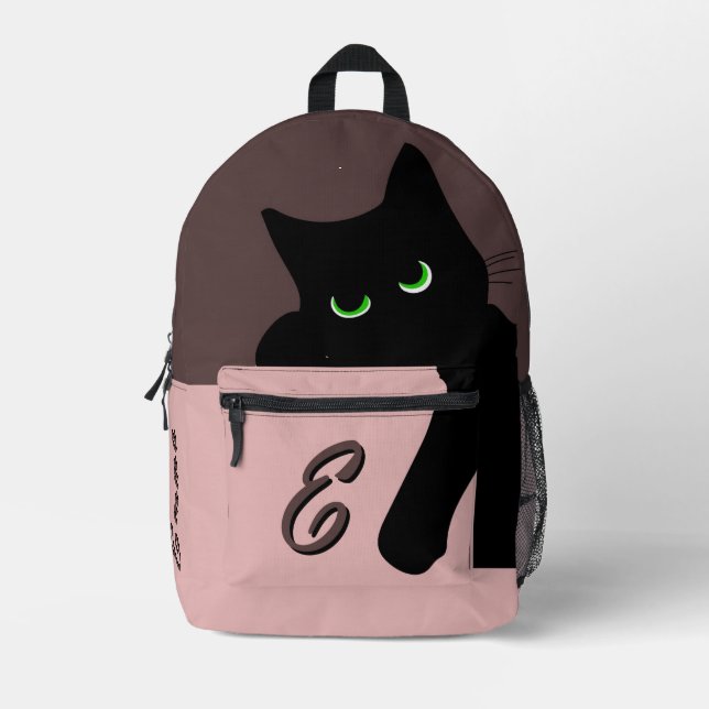 Trendy Peeking Black Cat Monogram Printed Backpack (Front)