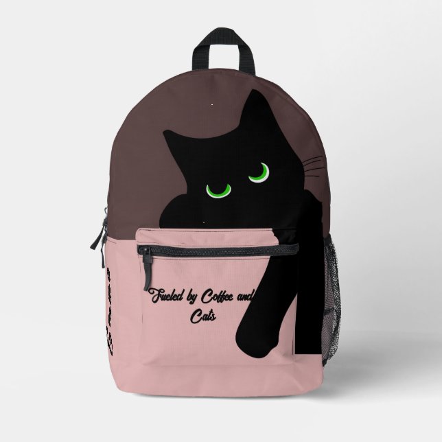 Trendy Peeking Black Cat Monogram Printed Backpack (Front)