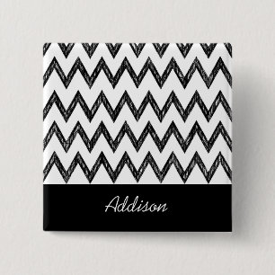 Trendy Pencil Black and White Chevron With Name 15 Cm Square Badge