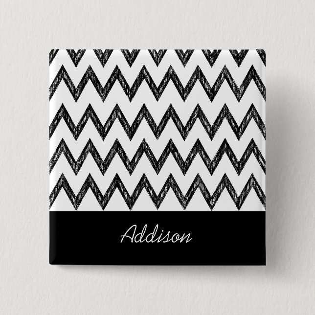 Trendy Pencil Black and White Chevron With Name 15 Cm Square Badge (Front)
