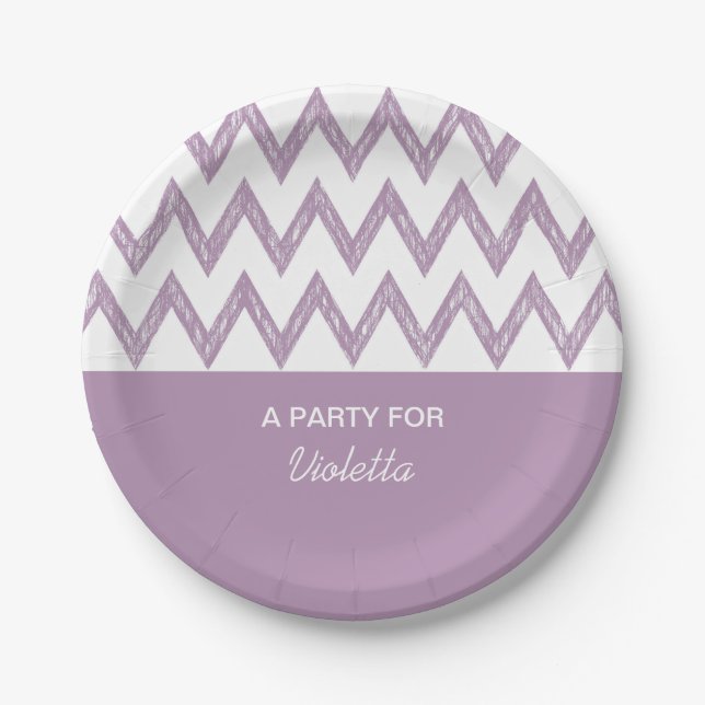Trendy Pencil Purple Chevron Zigzags With Name Paper Plate (Front)