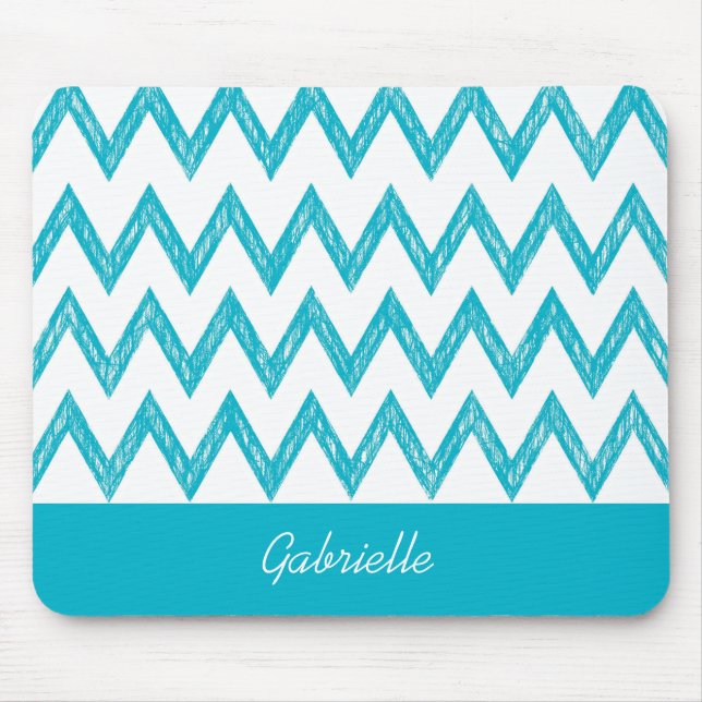 Trendy Pencil Turquoise Chevron Zigzags With Name Mouse Pad (Front)