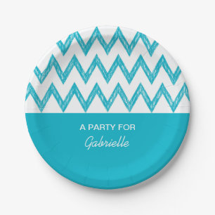 Trendy Pencil Turquoise Chevron Zigzags With Name Paper Plate