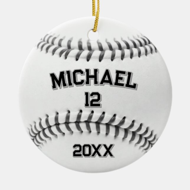 Trendy Personalised Baseball Name and Number       Ceramic Tree Decoration (Front)