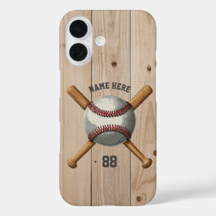 Trendy Personalised Baseball Name and Number Wood iPhone 16 Case