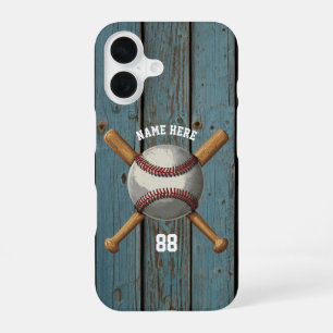 Trendy Personalised Baseball Name and Number Wood iPhone 16 Case