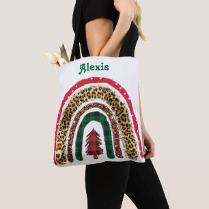 Trendy Personalised Christmas Rainbow red green Tote Bag