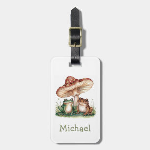 Trendy Personalised Cute Happy Frog and Mushrooms Luggage Tag