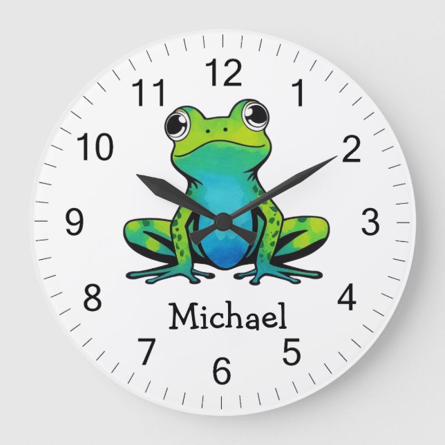 Trendy Personalised Cute Happy Green Frog  Large Clock (Front)