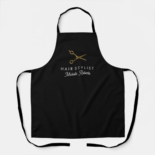 Trendy Personalised Gold Scissors Hair Salon black Apron (Front)
