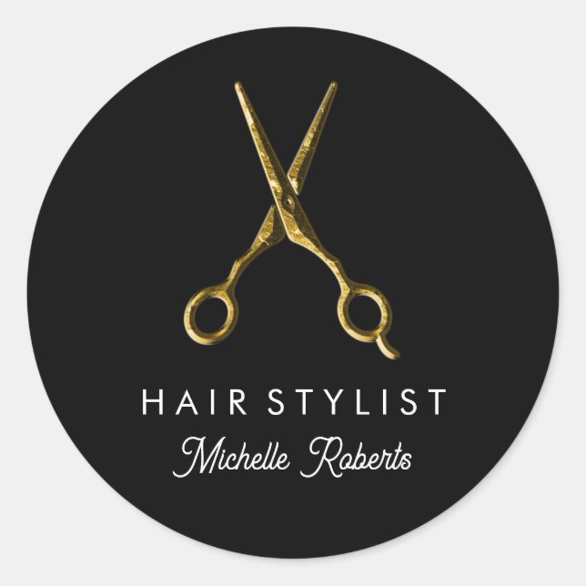 Trendy Personalised Gold Scissors Hair Salon black Classic Round Sticker (Front)