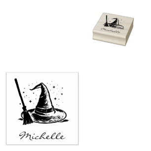 Trendy Personalised Halloween witch hat and broom  Rubber Stamp