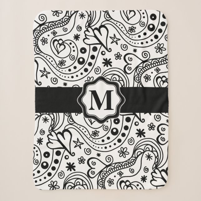Trendy Personalised Hearts and Love Doodle Pattern Sherpa Blanket (Front)