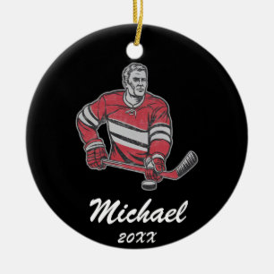 Trendy Personalised Hockey Player Name Ceramic Tree Decoration