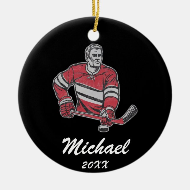 Trendy Personalised Hockey Player Name Ceramic Tree Decoration (Front)