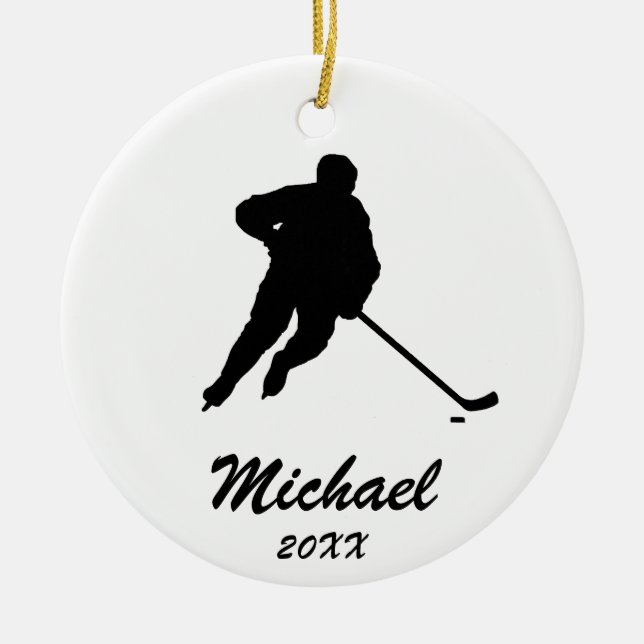 Trendy Personalised Hockey Player Name Ceramic Tree Decoration (Front)