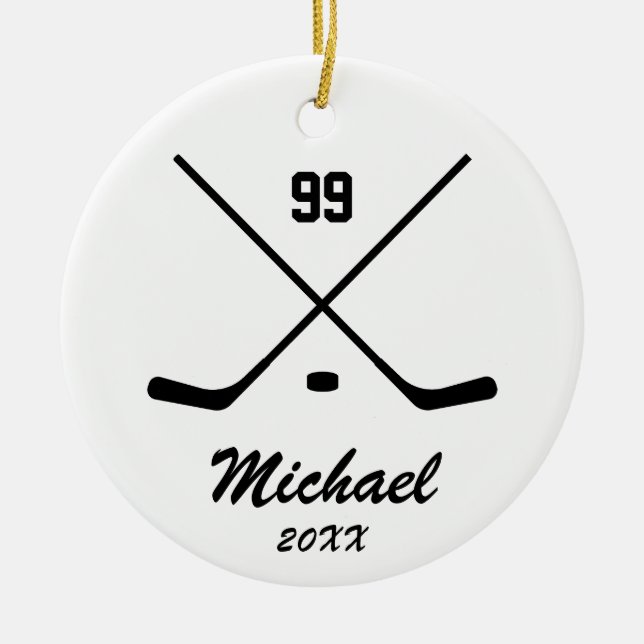 Trendy Personalised Hockey Player Name Number Ceramic Tree Decoration (Front)