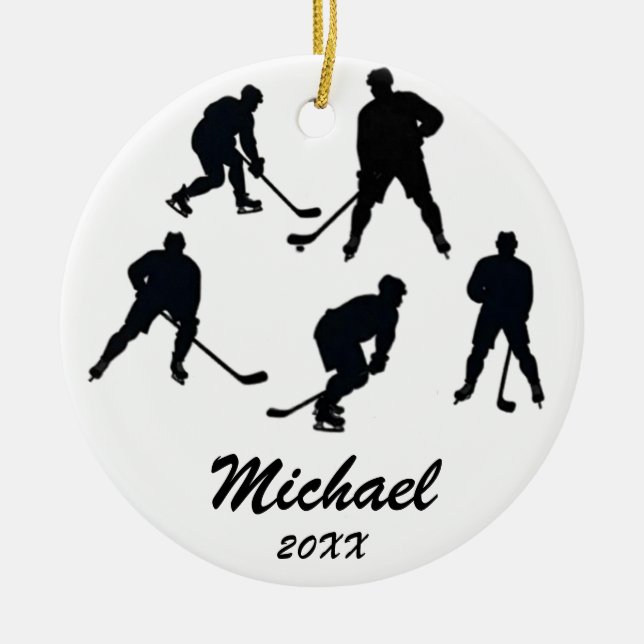 Trendy Personalised Hockey player silhouettes      Ceramic Tree Decoration (Front)