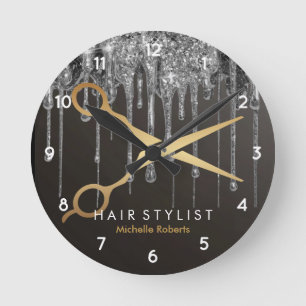 Trendy Personalised Modern silver Hairstylist Round Clock