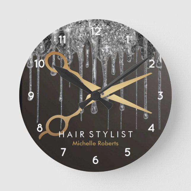 Trendy Personalised Modern silver Hairstylist  Round Clock (Front)