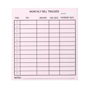 Trendy Personalised Monthly Bill Tracker Notepad