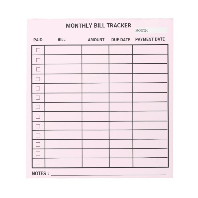 Trendy Personalised Monthly Bill Tracker Notepad (Front)